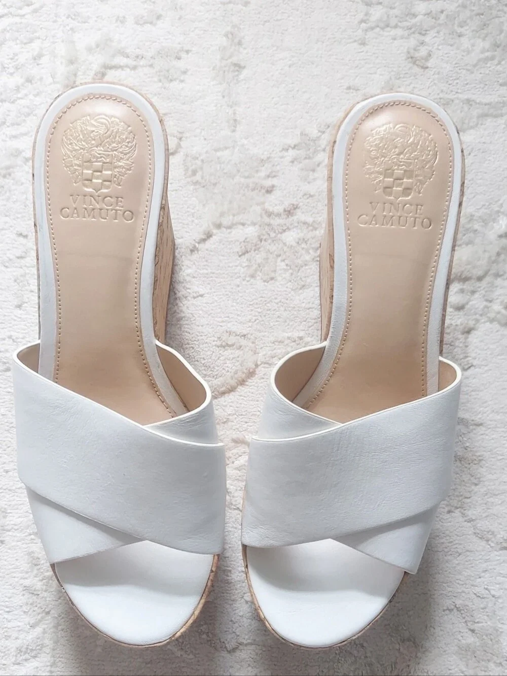 Vince Camuto White Cork Wedge Platform Slide Sandals